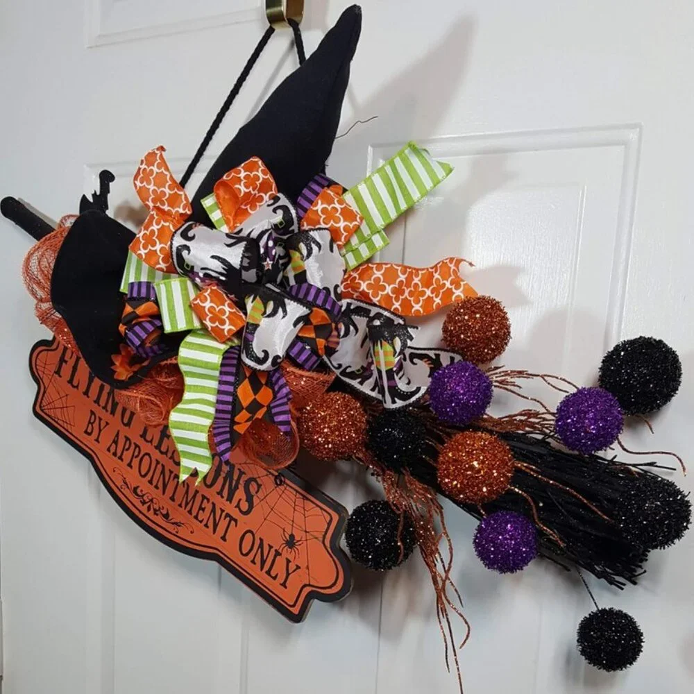 Witch's Flying Broom Stick Halloween Wreath, Flying Lesson Broom Wreath